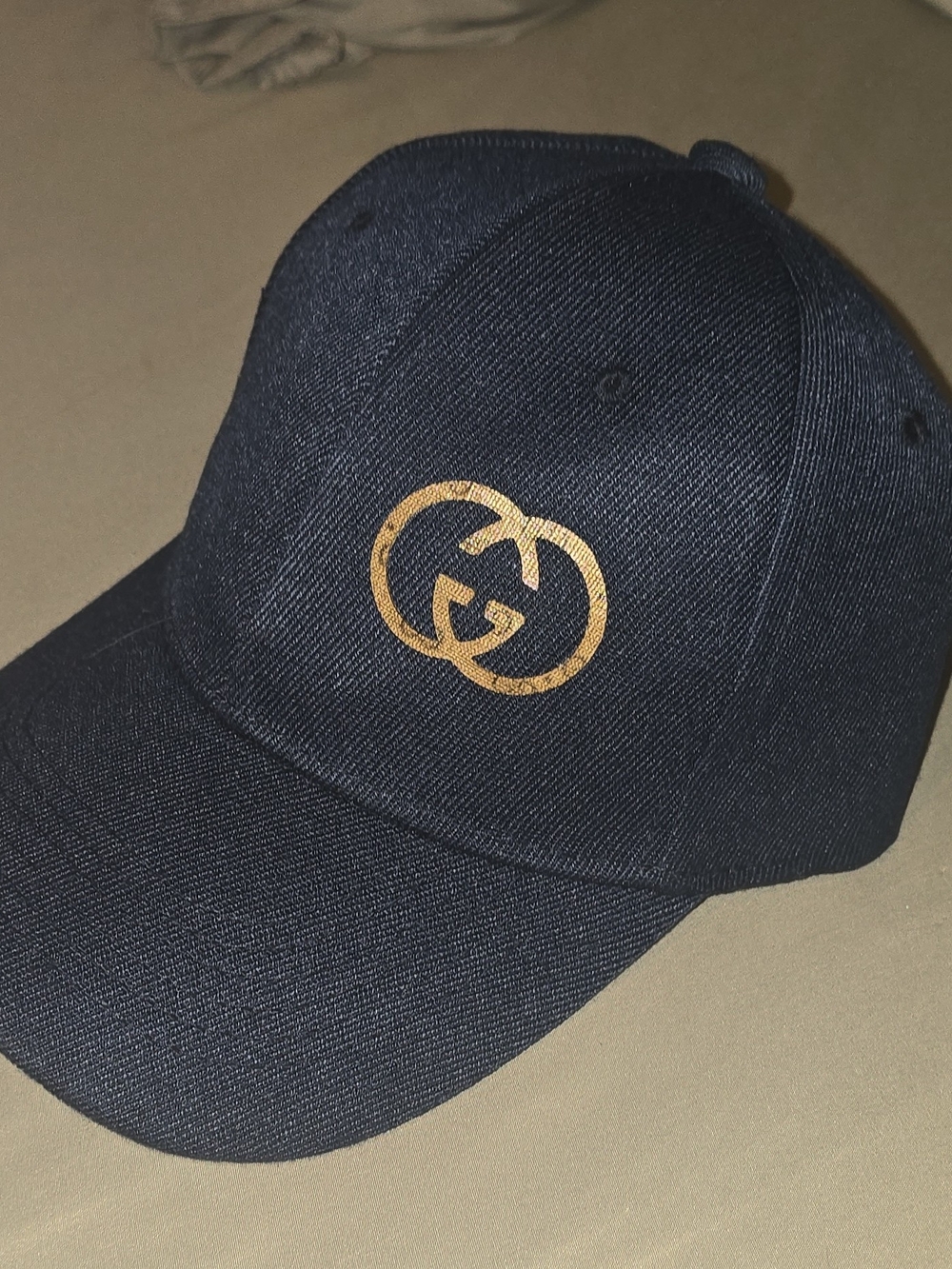Upcycled Reworked Denim Hat Navy Blue Gold & Brown Logo Baseball Cap NWOT OSFM